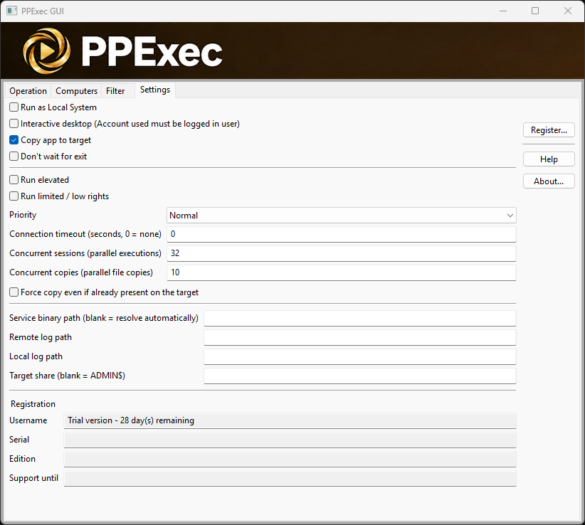 PPExec GUI - Settings tab